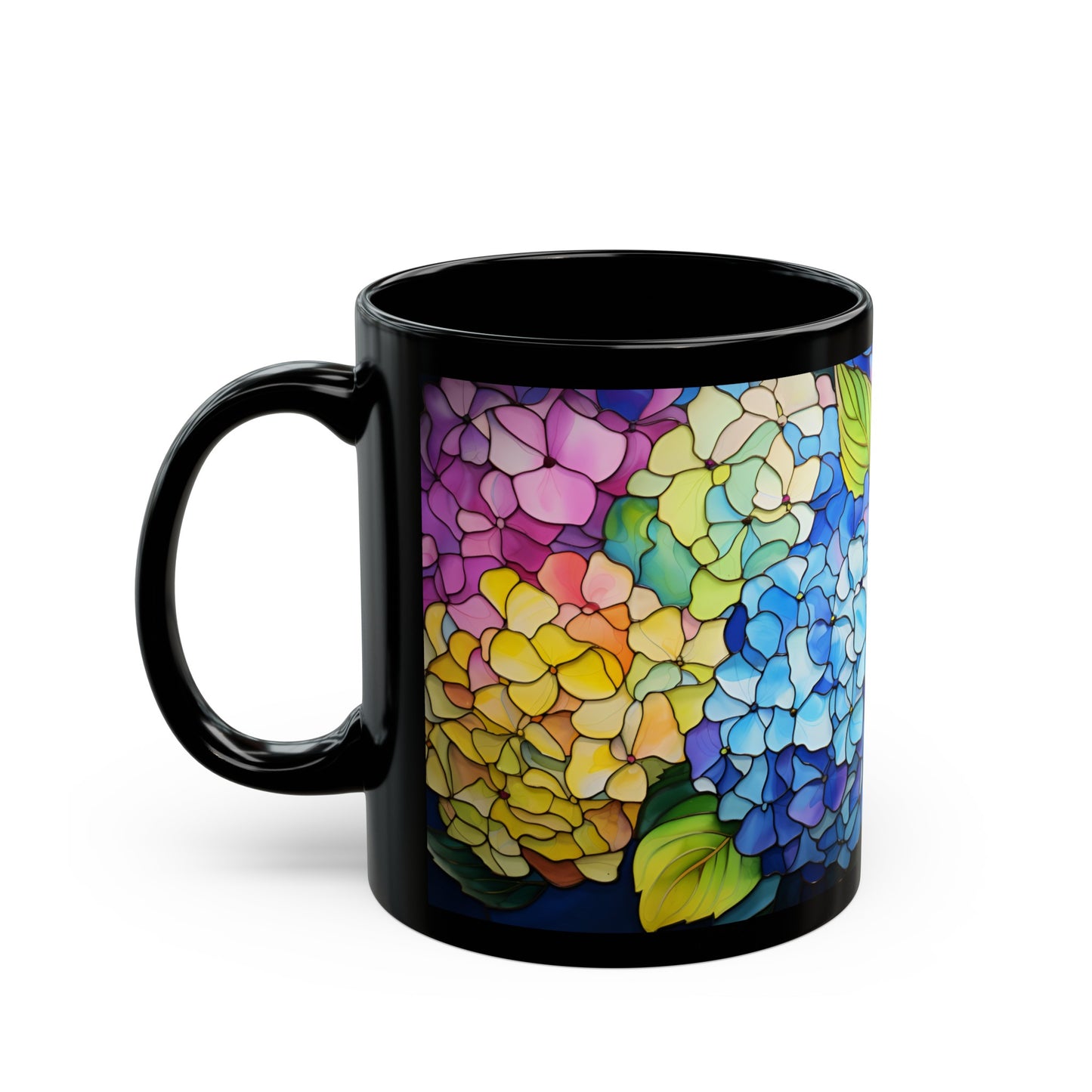 Stained Glass Hydrangea Black Mug
