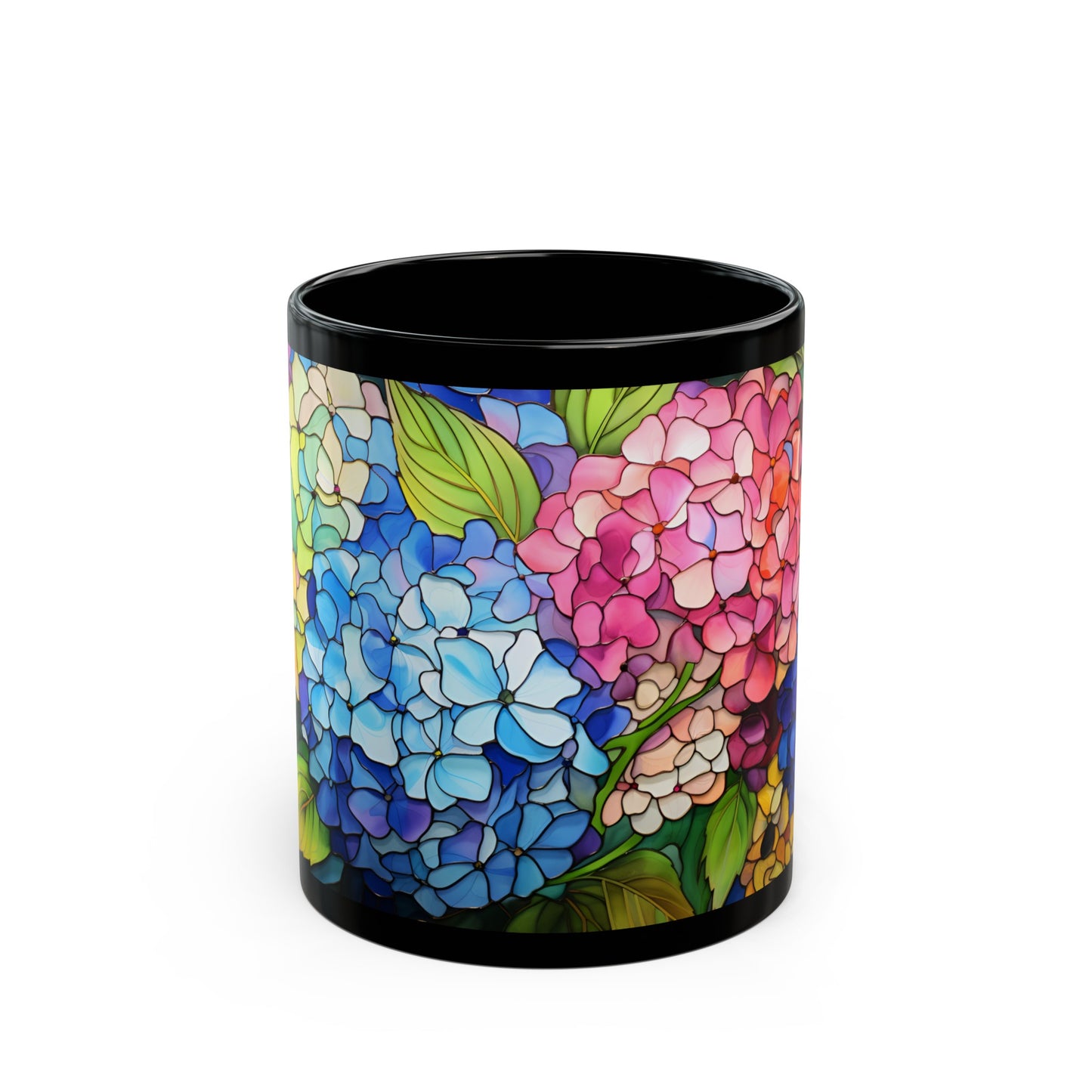 Stained Glass Hydrangea Black Mug