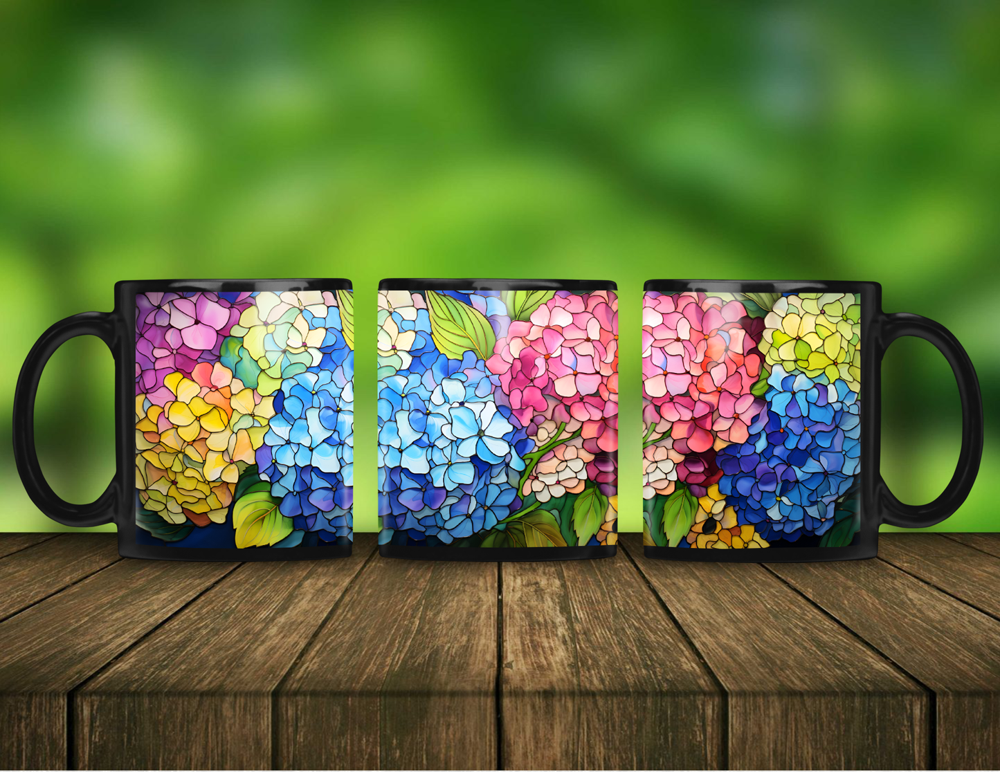 Stained Glass Hydrangea Black Mug