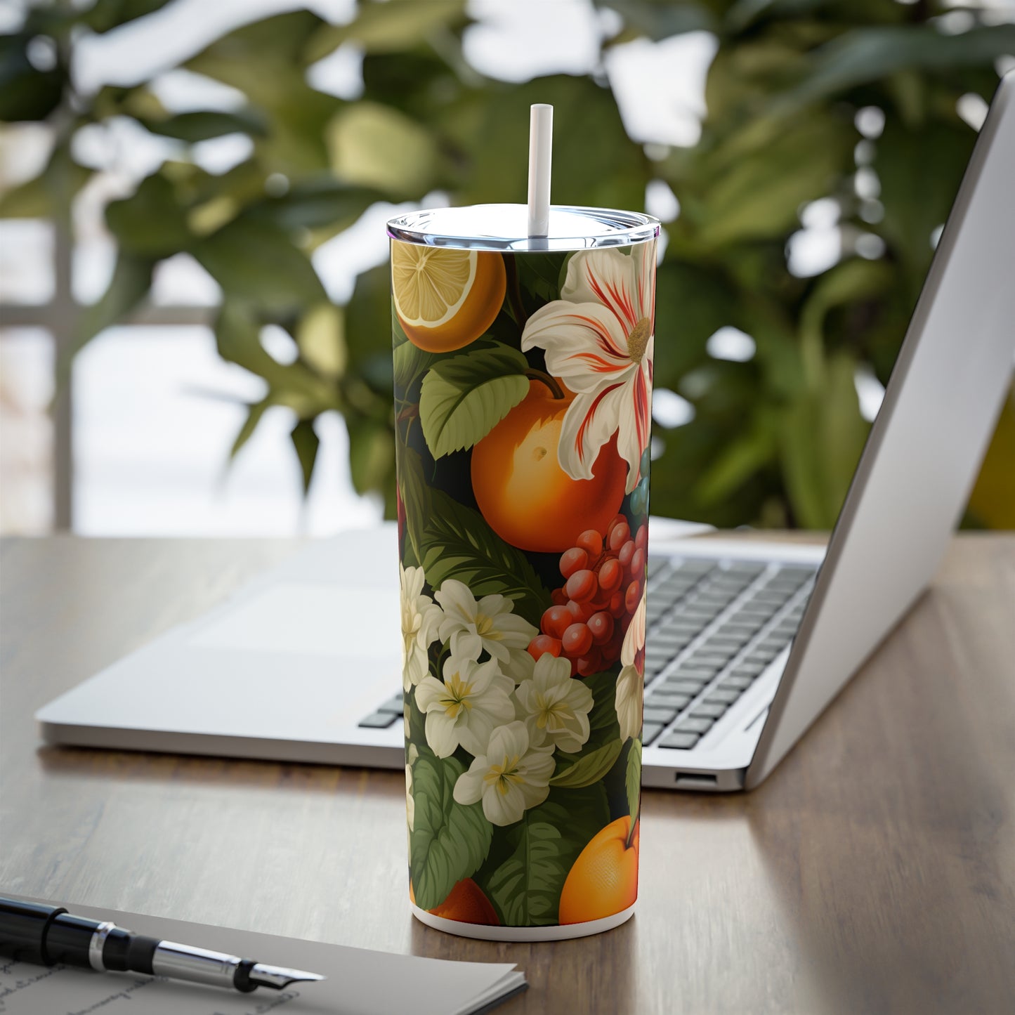 Fruit and Flowers Tumbler Skinny Steel Tumbler with Straw, 20oz