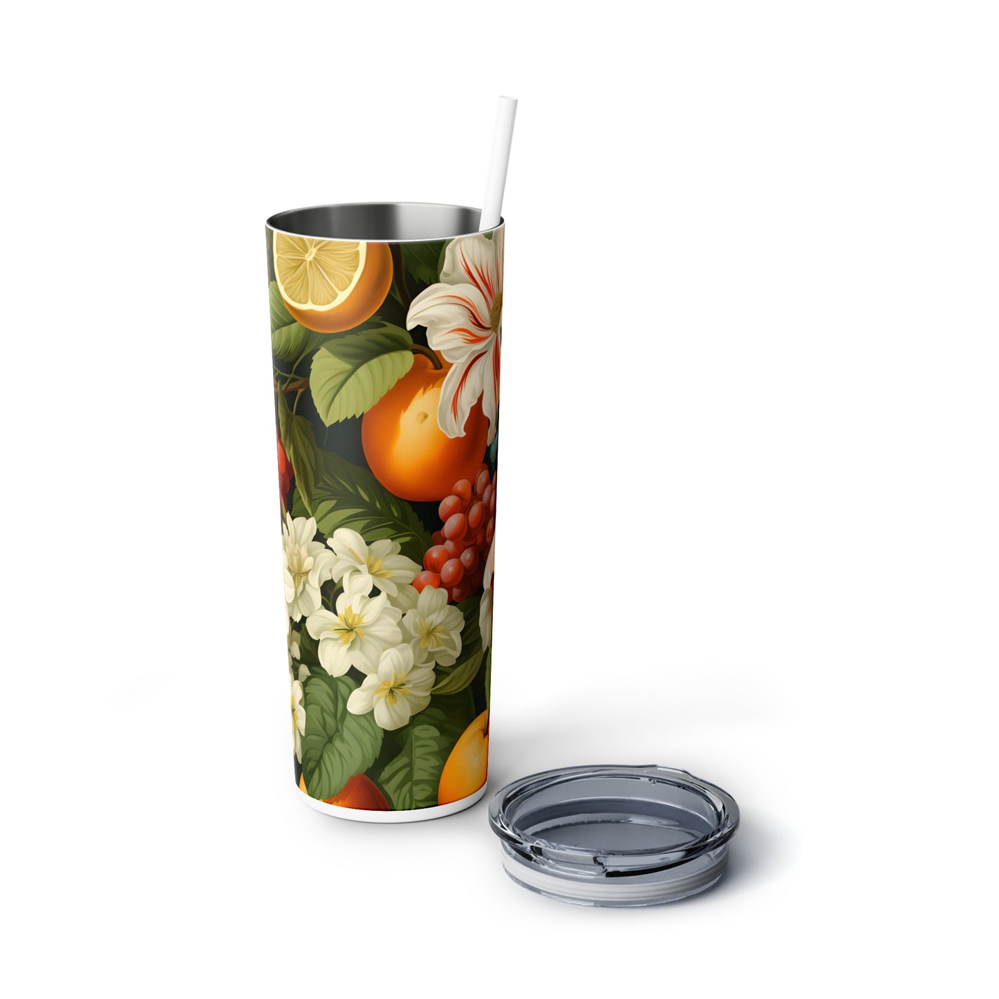 Fruit and Flowers Tumbler Skinny Steel Tumbler with Straw, 20oz