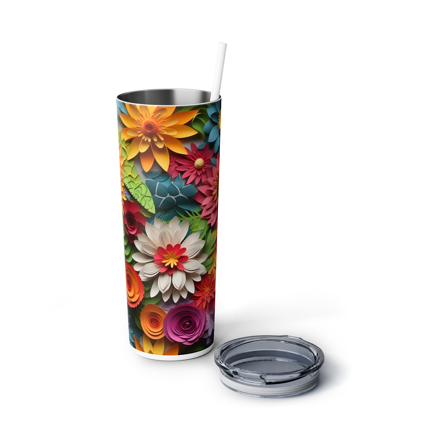 Paper Flowers Tumbler - Skinny Steel Tumbler with Straw, 20oz
