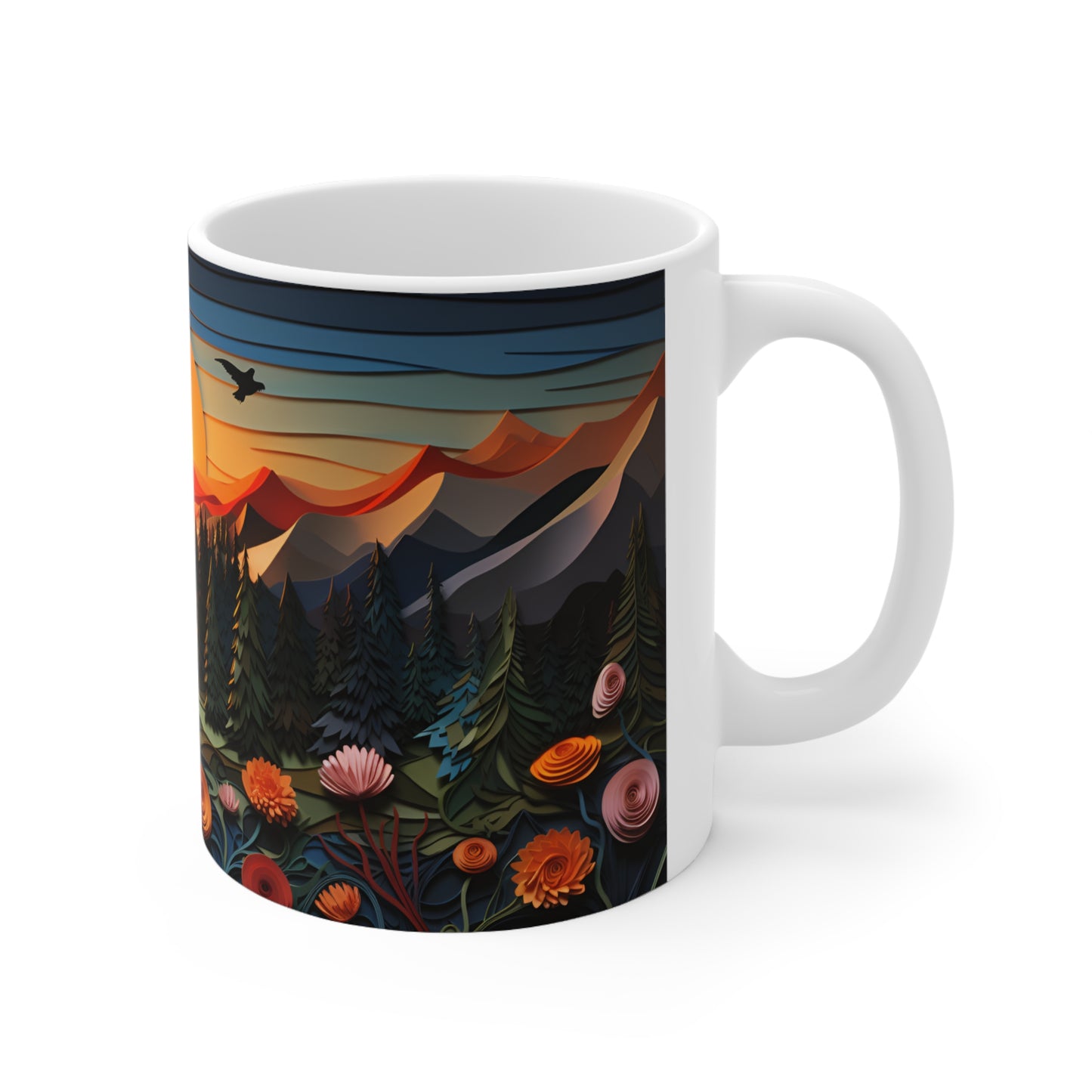 3D Paper Quilled Forest and Mountains Mug - 11 oz Ceramic Mug -