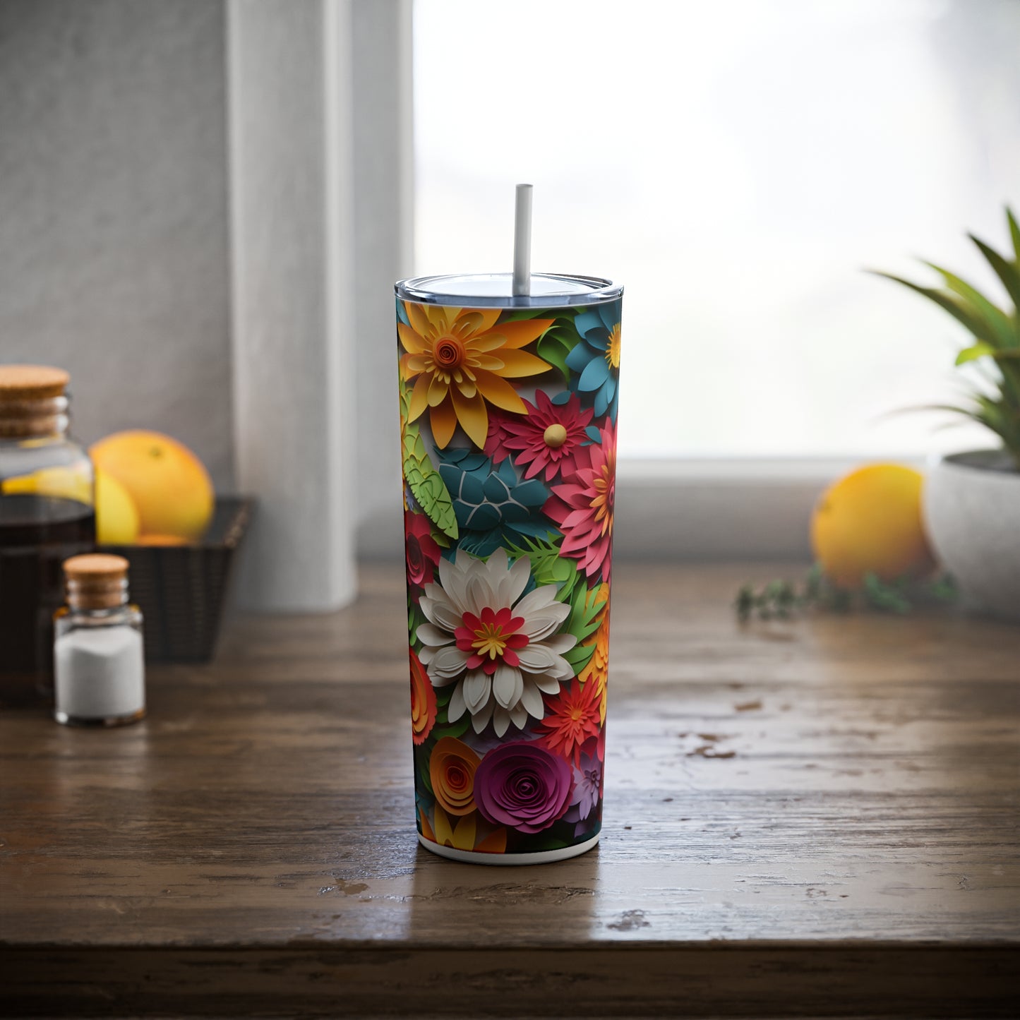 Paper Flowers Tumbler - Skinny Steel Tumbler with Straw, 20oz