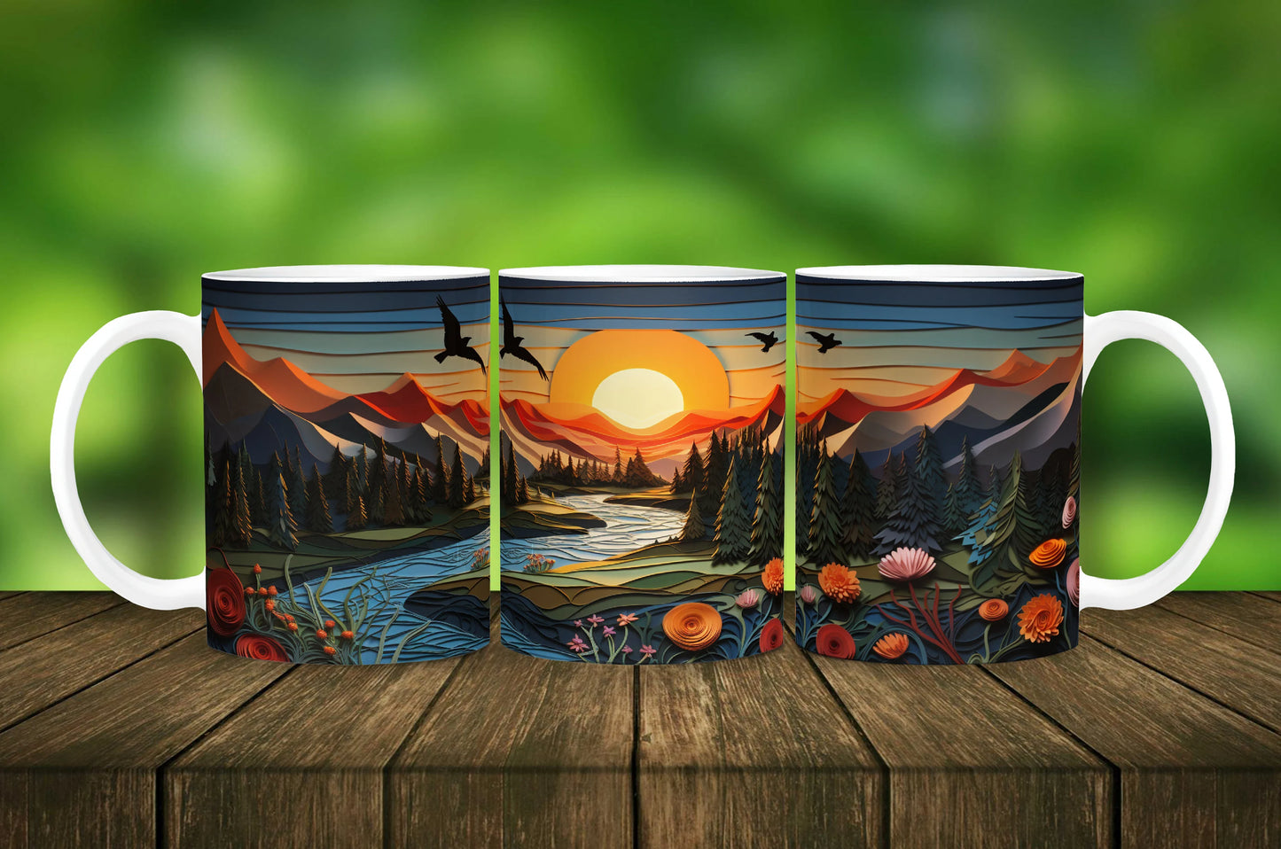 3D Paper Quilled Forest and Mountains Mug - 11 oz Ceramic Mug -