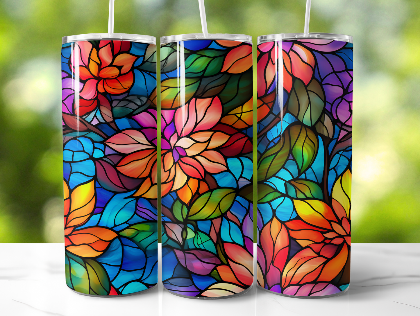 Stained Glass Flowers Tumbler, 20 oz Skinny Tumbler