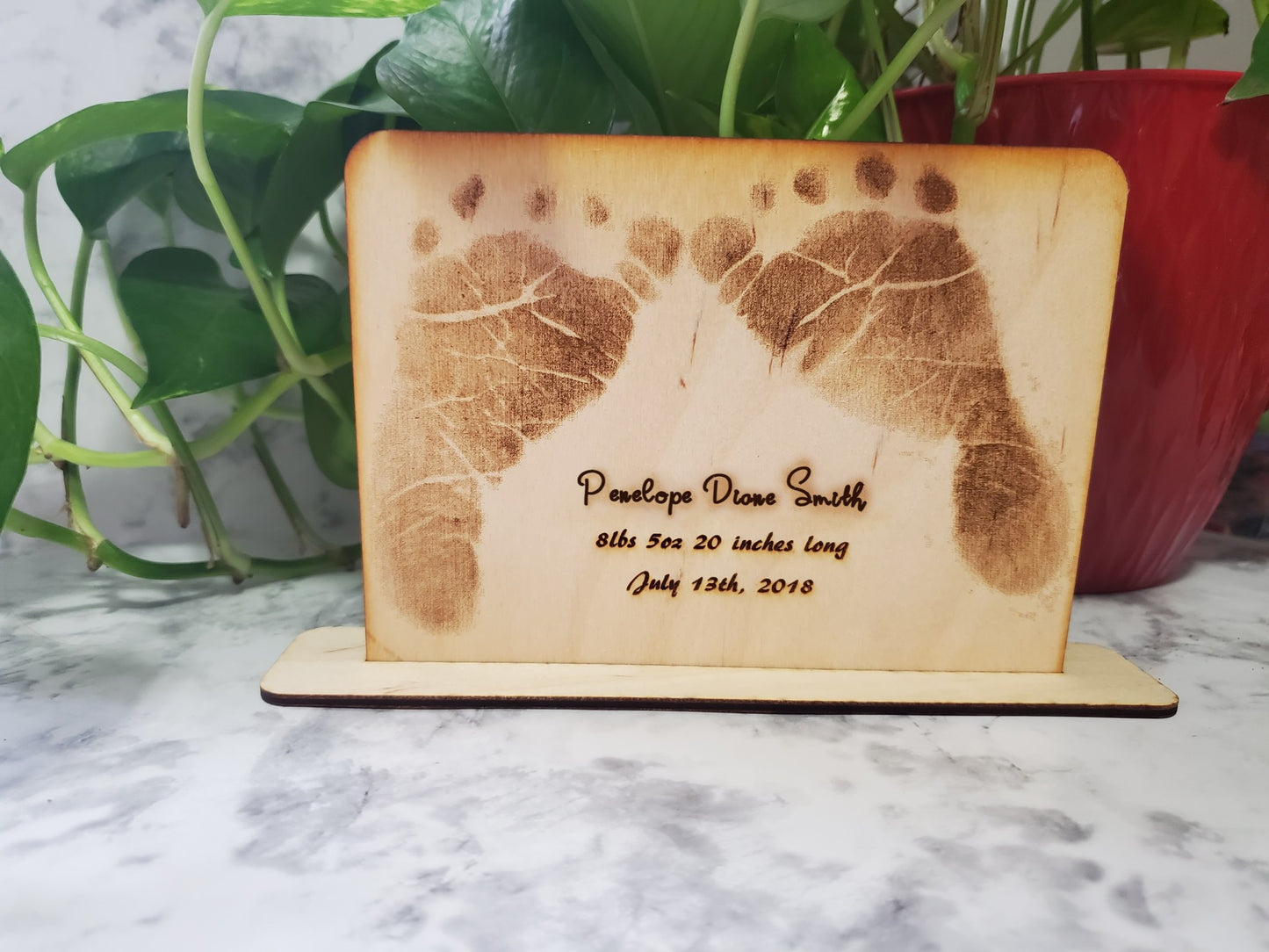 Wood Etched Birth Announcement Keepsake with hand/foot prints