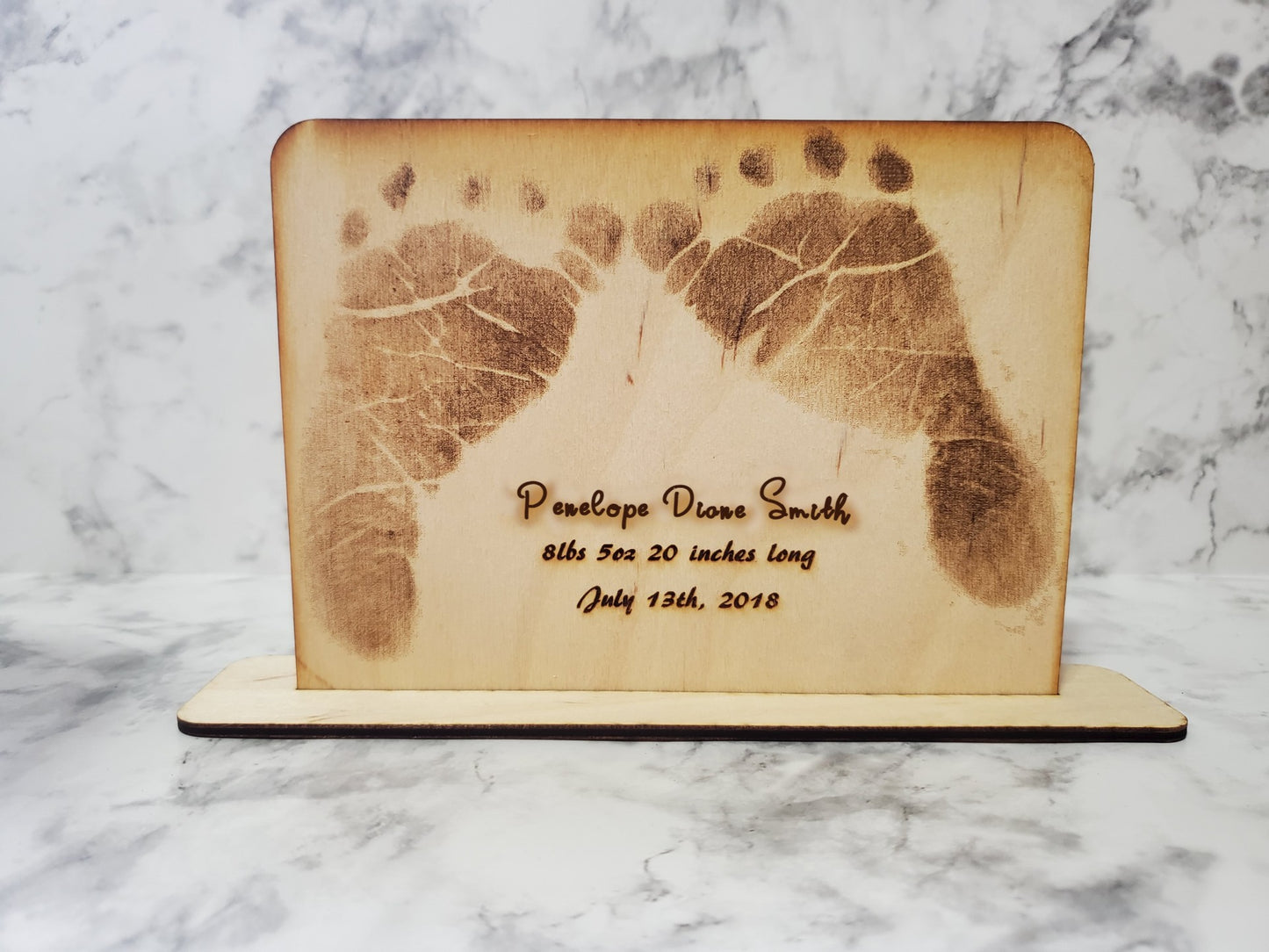 Wood Etched Birth Announcement Keepsake with hand/foot prints